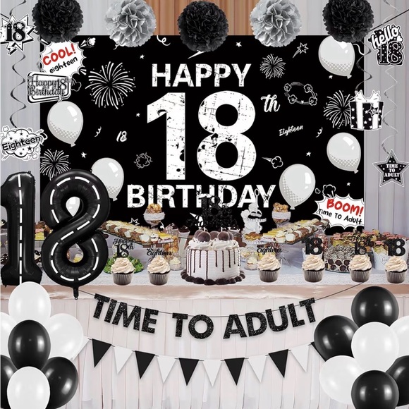 Holkcog Other - 18th Bday Decorations. Time To Adult. Banners, Cake Toppers, Balloon, Streamers,